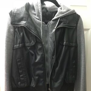 Black leather and grey sweatshirt combo jacket.